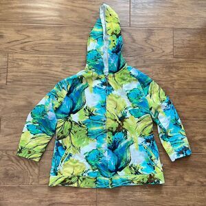 Chico's Zenergy Full Zip Hoodie Size 2 (L/12) Watercolor Floral Blue Green